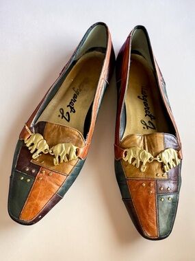 Vtg 80s Margaret J Patchwork Leather Loafers Brass Elephant 6m Afro Boho Tribal